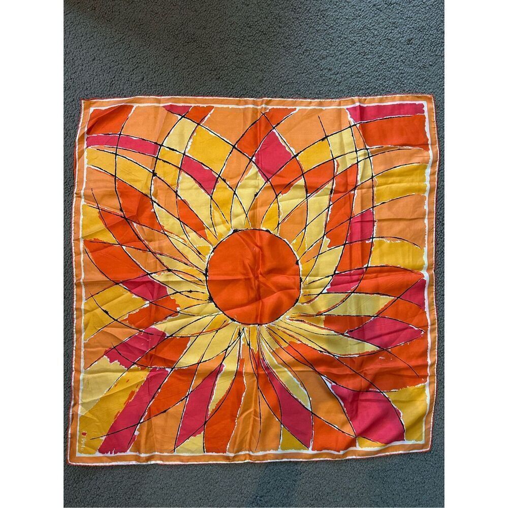 Vintage Vera Neumann Hand Rolled Silk Scarf orange Sun Sunflower Pattern